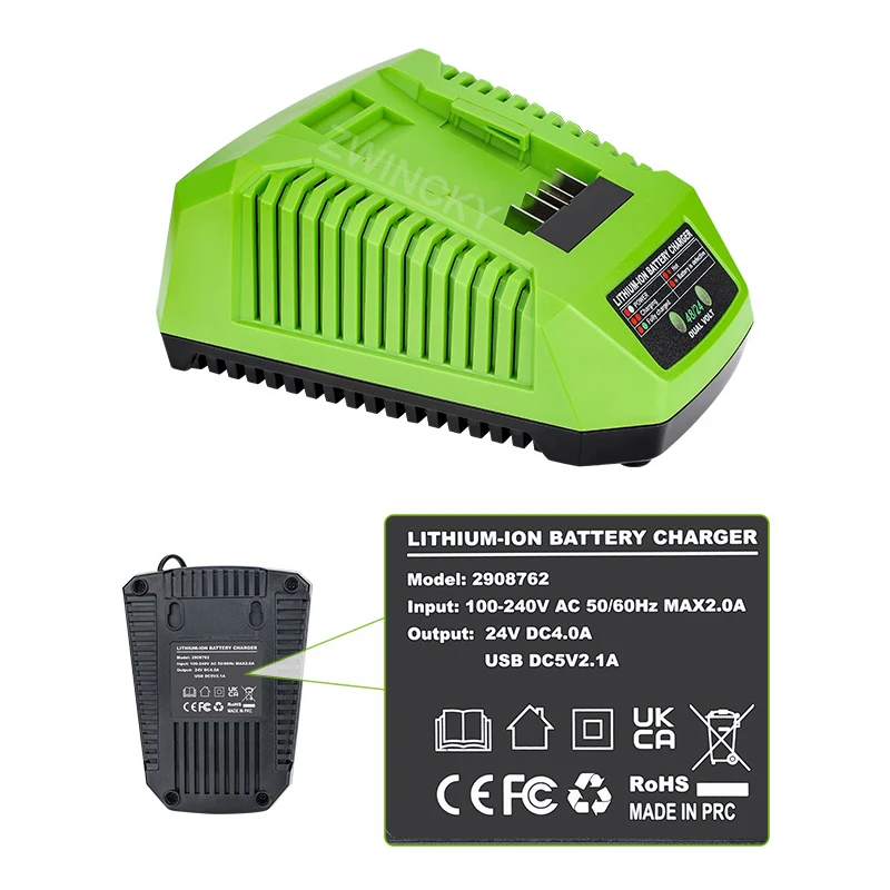 Replacement Battery Charger for Greenworks 48/24V Li-ion Battery Electric Tool Wrench Drill Saw Battery Charger With USB Ports