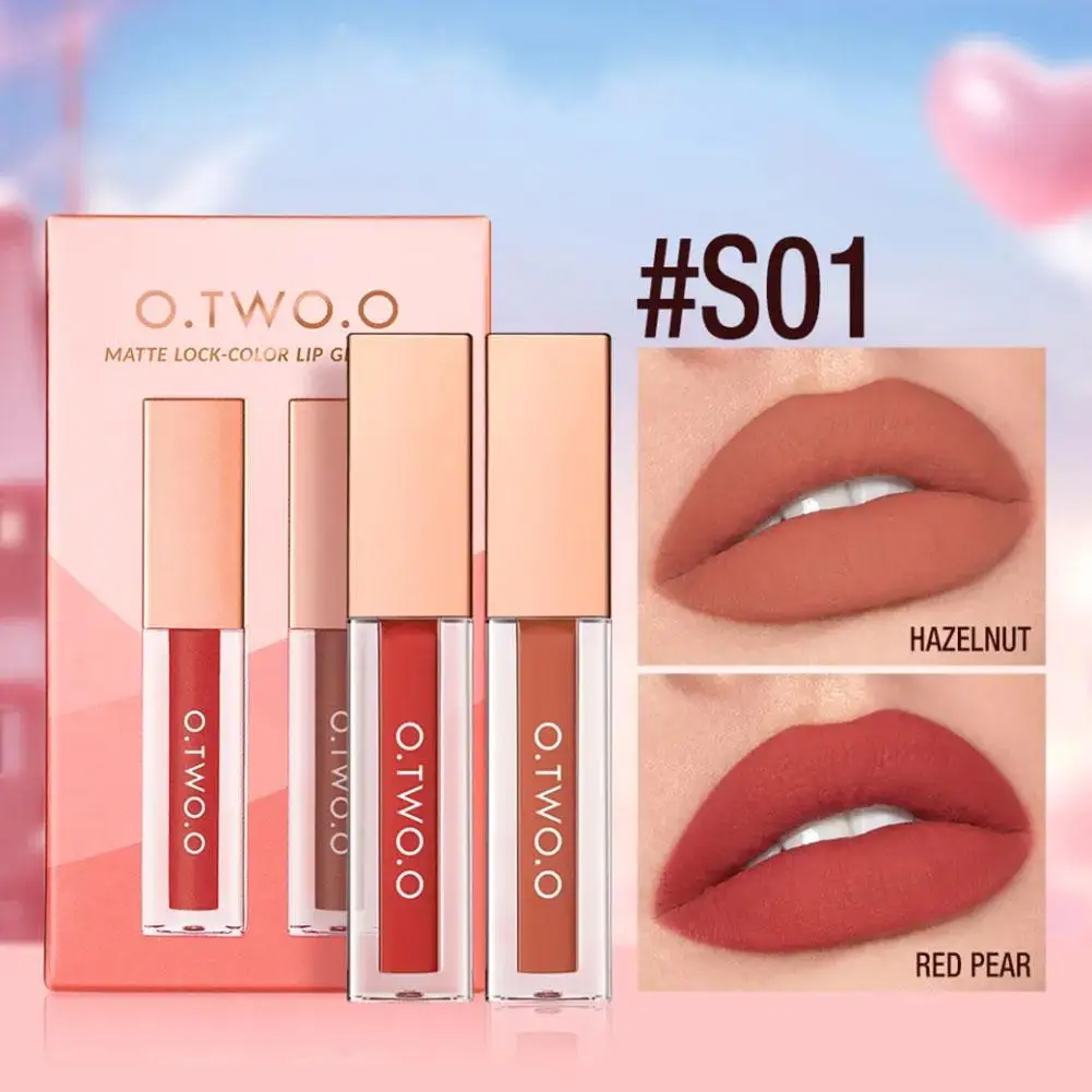 O.TWO.O 2 pz Rossetto Opaco Set di Trucco a Lunga Durata Impermeabile Color-blocking Lip Tint Sexy Antiaderente Velluto Lip Gloss Kit di Trucco