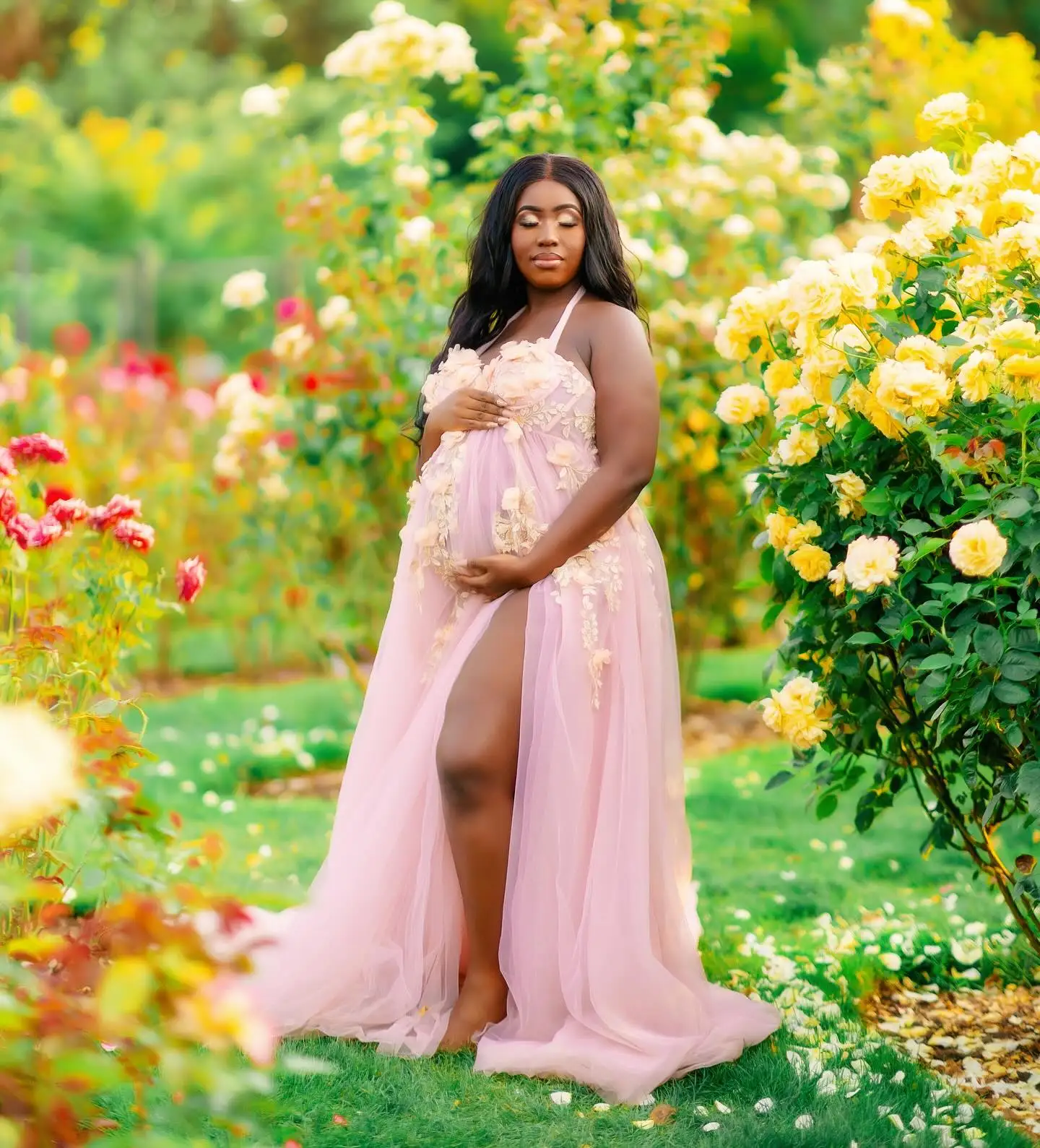 Eleganckie różowe sukienki na studniówkę do sesji zdjęciowej lub baby shower, szyte na miarę, seksowne, z dekoltem w serduszko, z wysokim rozcięciem, suknia do sesji zdjęciowej.