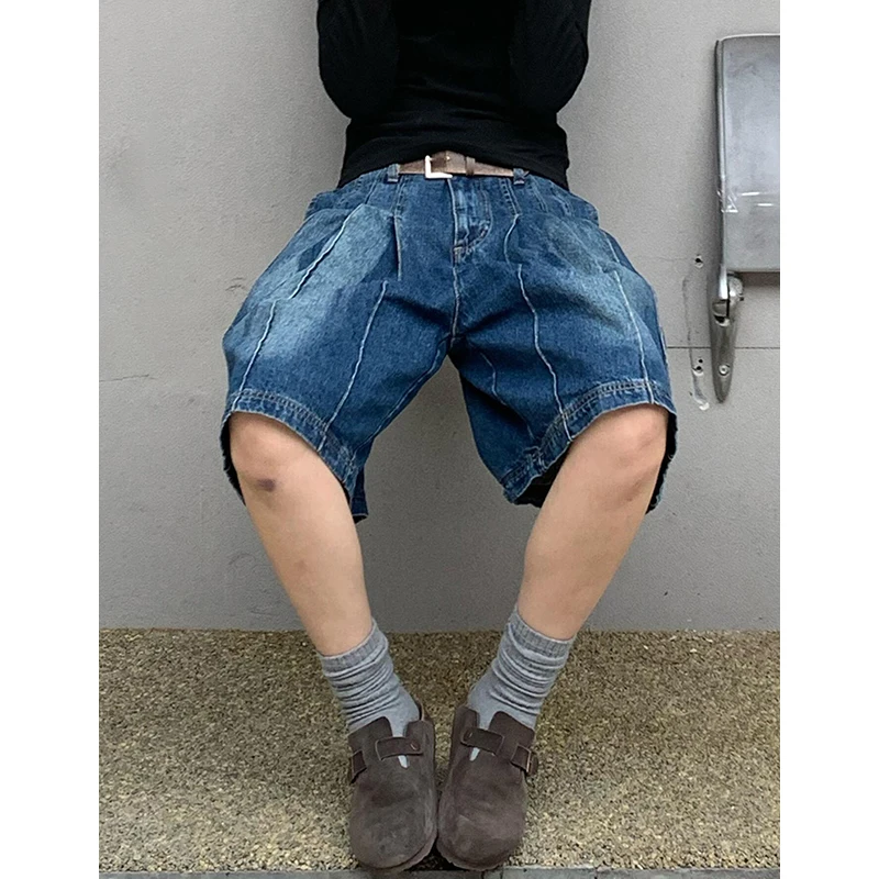 

PBAP Женские плиссированные джинсовые брюки-бермуды с низкой талией, синие потертые старые однотонные повседневные широкие джинсы, шорты, модная винтажная уличная одежда