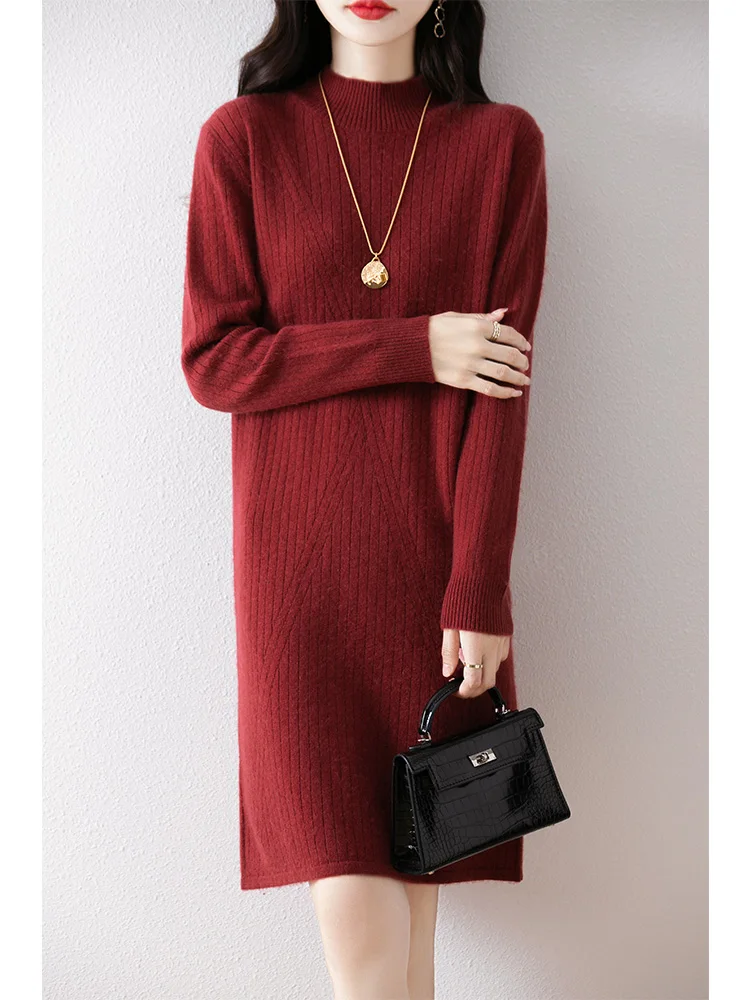 

Choice Women's Sweater Dress 100% Merino Wool Knitwear Mock Neck Pullover Solid Soft Basic Autumn Winter Skirts Clothing Tops