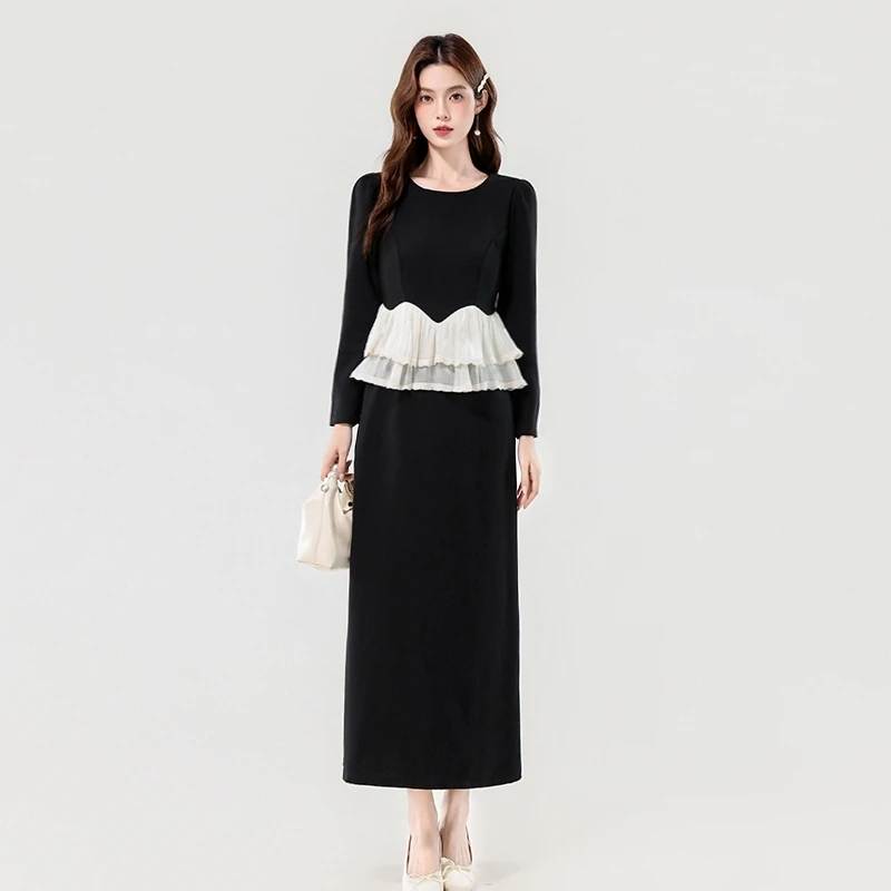 Autumn Korean Vintage Gentle Style 2 Piece Set Women's O-Neck Color-block Ruffled Shirt + Long Skirt Elegant Casual Outfit 2025