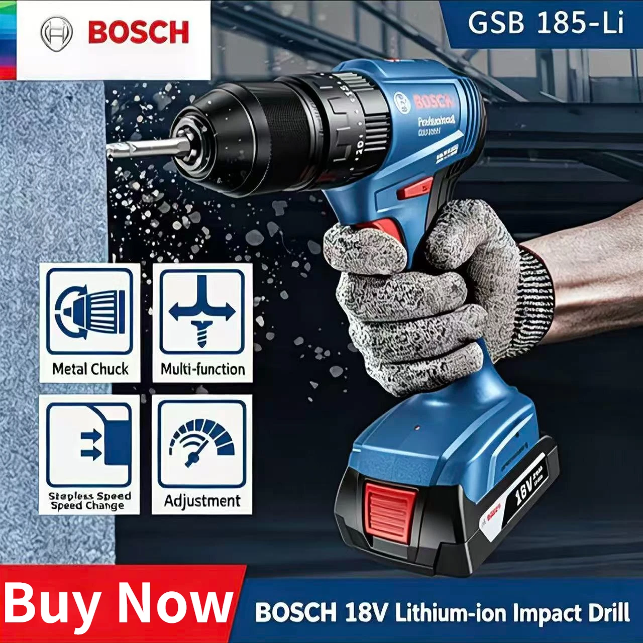 BOSCH GSB 185-LI Wireless Drill Built-in LED Light Compact Body Narrow Space Repair Power Tool