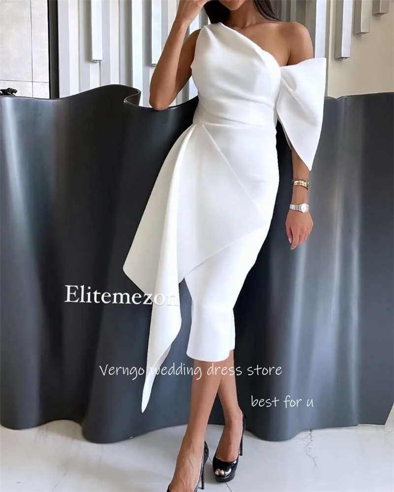 

Verngo White One Shoulder Evening Party Dresses Saudi Arabic Women Cocktail Dress Tea Length Elegant Formal Evening Gowns