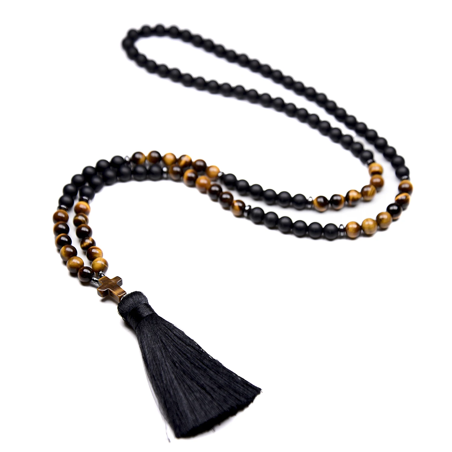 Natural Black Onyx 108 Japamala Necklaces For Men Yoga Mala Cross Rosary Tassel Long Necklace Women Reiki Healing Jewelry 8MM