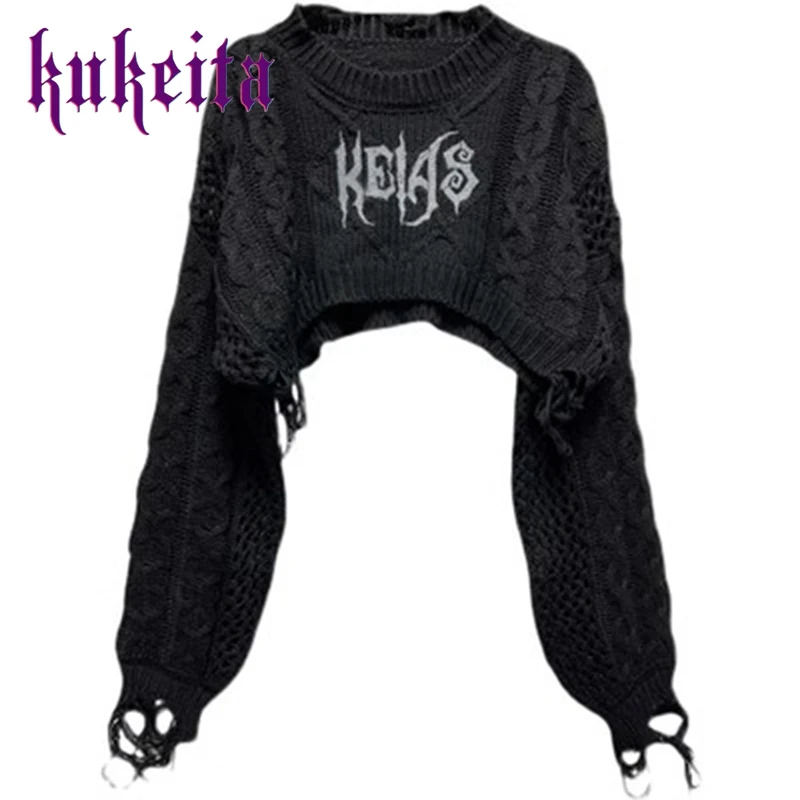 Gothic Sweater Women Hole Knitted Grunge O-neck Print Pullovers Punk Loose Jumper Harajuku Alternative Clothing Emo Y2K Crop Top