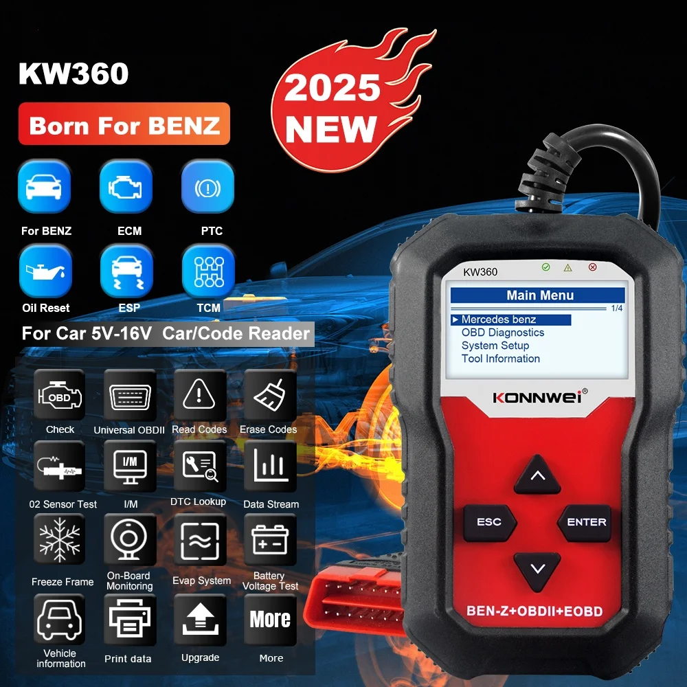 KONNWEI KW360 OBD2 Scanner For Ben Mercedes Full System Diagnostic Tool For C300 W204 W205 W211 ABS Airbag Oil Reset Code Reader