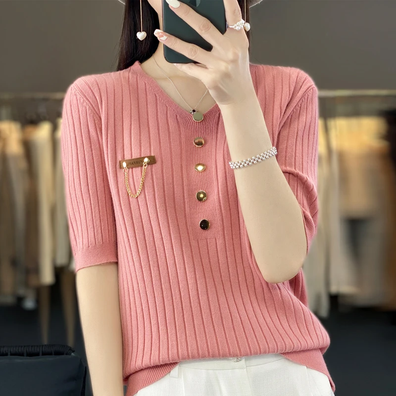 2023 Summer Women\'s V-Neck Cashmere Sweater Short Sleeve Cashmere Short Sleeve Sweater Pullover