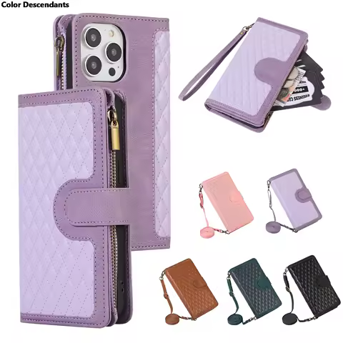 Zipper Wallet Case For Funda Samsung Galaxy S23 FE S24 Ultra S22 Plus S21 FE S10 Leather Shoulder Lanyard Multi-9 Cards Cover