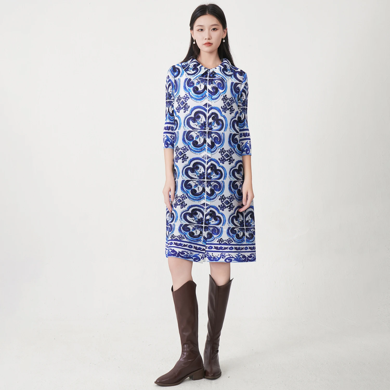 

High Quality Women's Elegant Dress Design Casual Cardigan Shirt Dress Plus Size Loose Pleated Printed Dress Factory Direct Sales