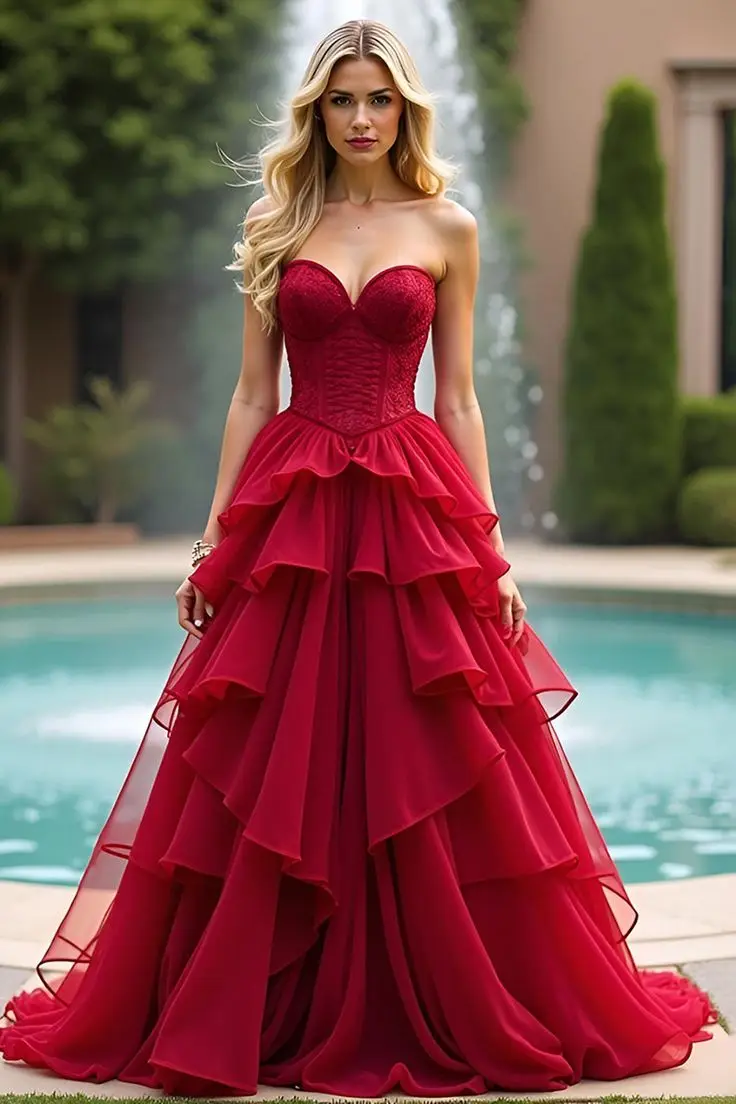 

Customized Long A Line Evening Dresses Red Tiered Chiffon Lace Strapless Sleeveless Formal Party Women Prom Gowns