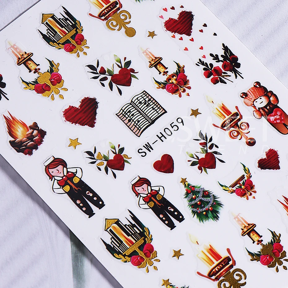 2 قطعة عيد الميلاد الكرتون ملصقات الأظافر ذاتية اللصق الشتاء شجرة عيد الميلاد سانتا كلوز الحب مسمار الشارات مانيكير الديكور المتزلجون