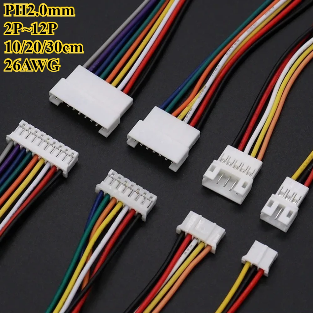

20Pcs/lot PH 2.0mm Single Male Female Head Pitch 2.0mm 2P/3P/4P/5P/6P/7P/8P/9P/10P/11P/12P Terminal Wire Length 10/20/30cm 26AWG
