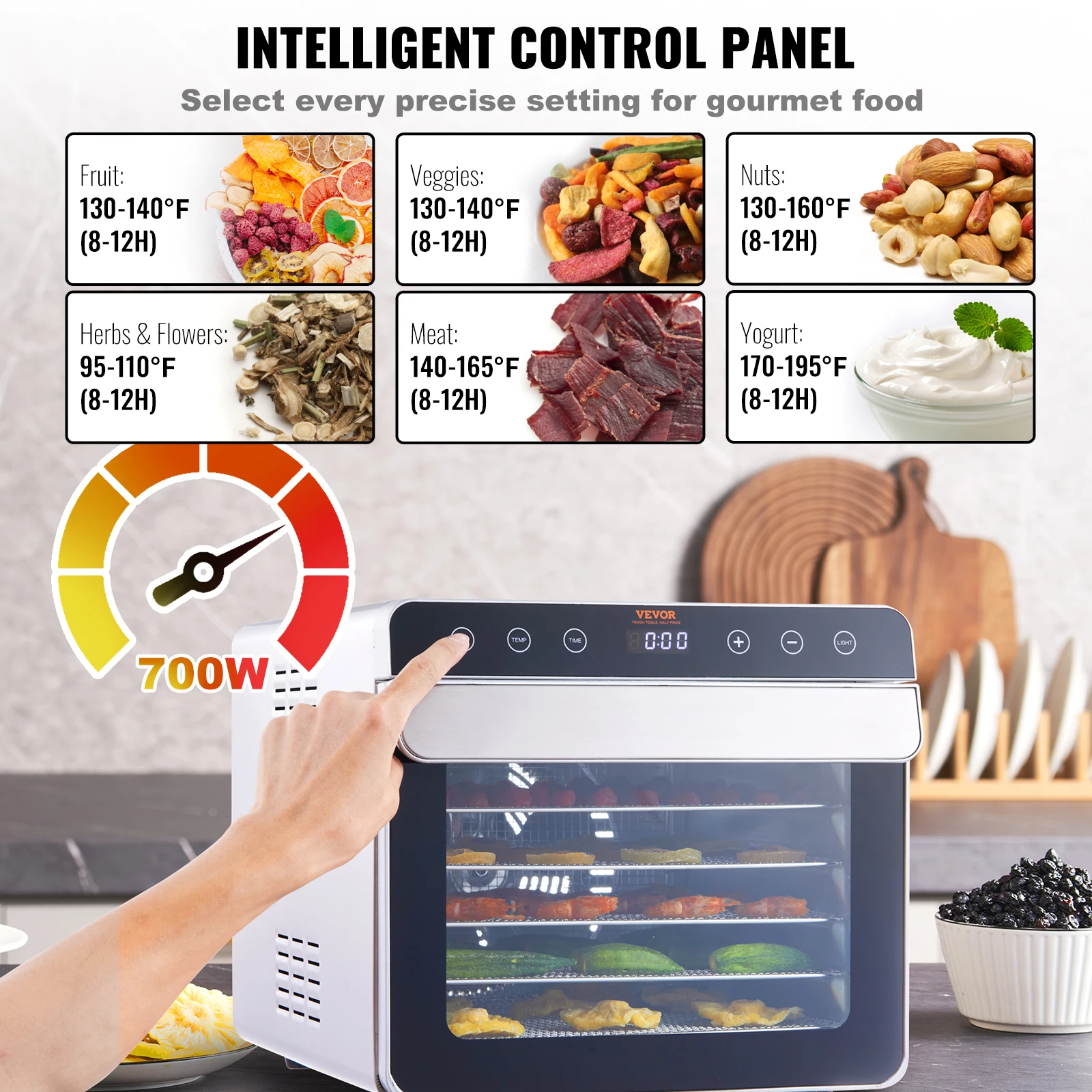 Vevor máquina desidratadora de alimentos 700w com temporizador digital controle de temperatura 6 bandejas secador desidratado de alimentos para jerky, erva