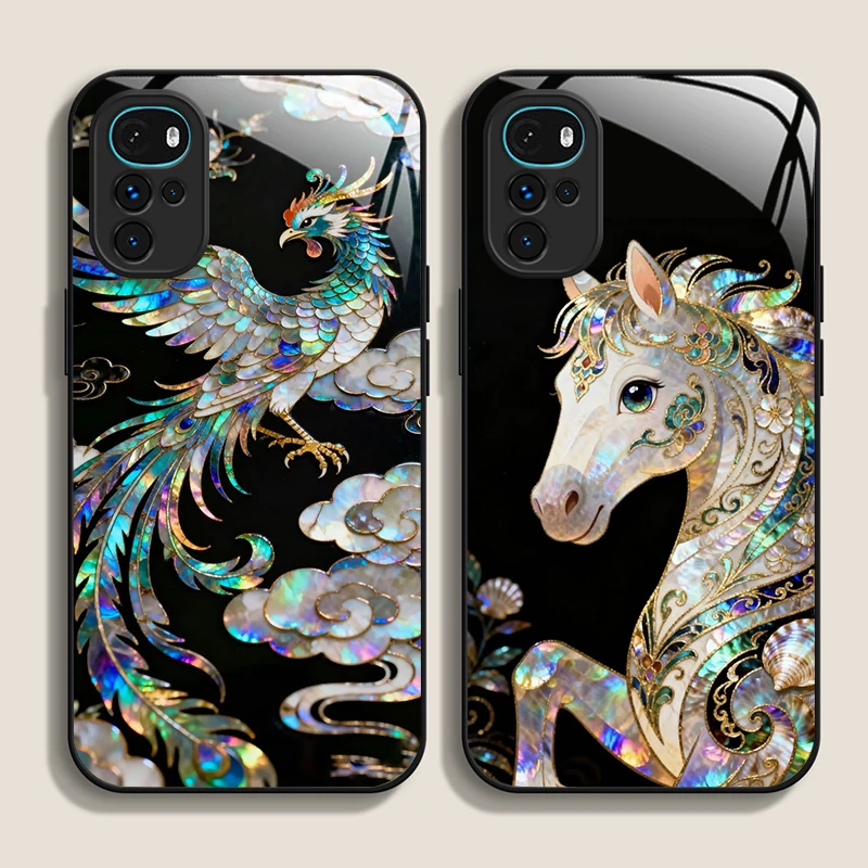 Stylish Horses Marble Texture Tempered Glass Phone Case for Motorola Moto G85 G84 Edge 50 Fusion 40 Neo 30 Pro Shockproof Cover