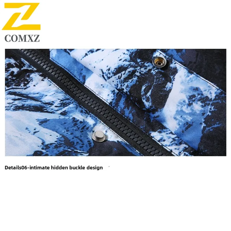 COMXZ 2025 Winter Couple Mountain Print Short Down Jacket Men's Loose Fit Korean Style Trendy Warm White Duck Feather Coat