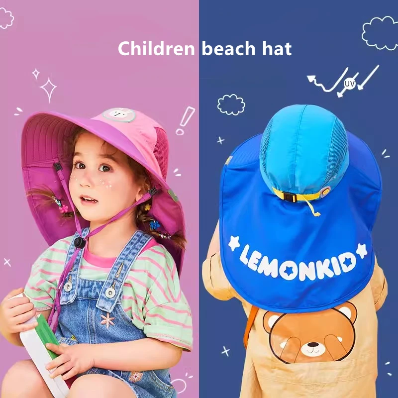 Summer Children Sun Hat With Neck Flap Strap Wide Brim Beach Hats Kids Bucket Hat UV Protection Panama Cap For Boys Girls