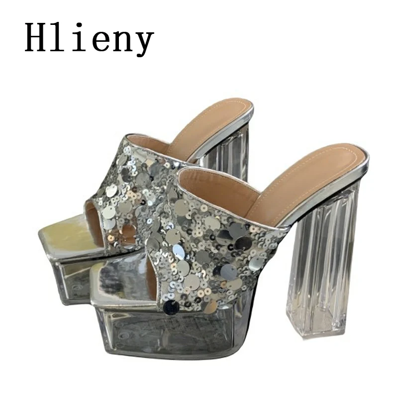 

Hlieny Fashion Sequin Women Slippers Platform Chunky High Heels Square Toe Slides Shoes Fashion Design Crystal Transparent Sanda