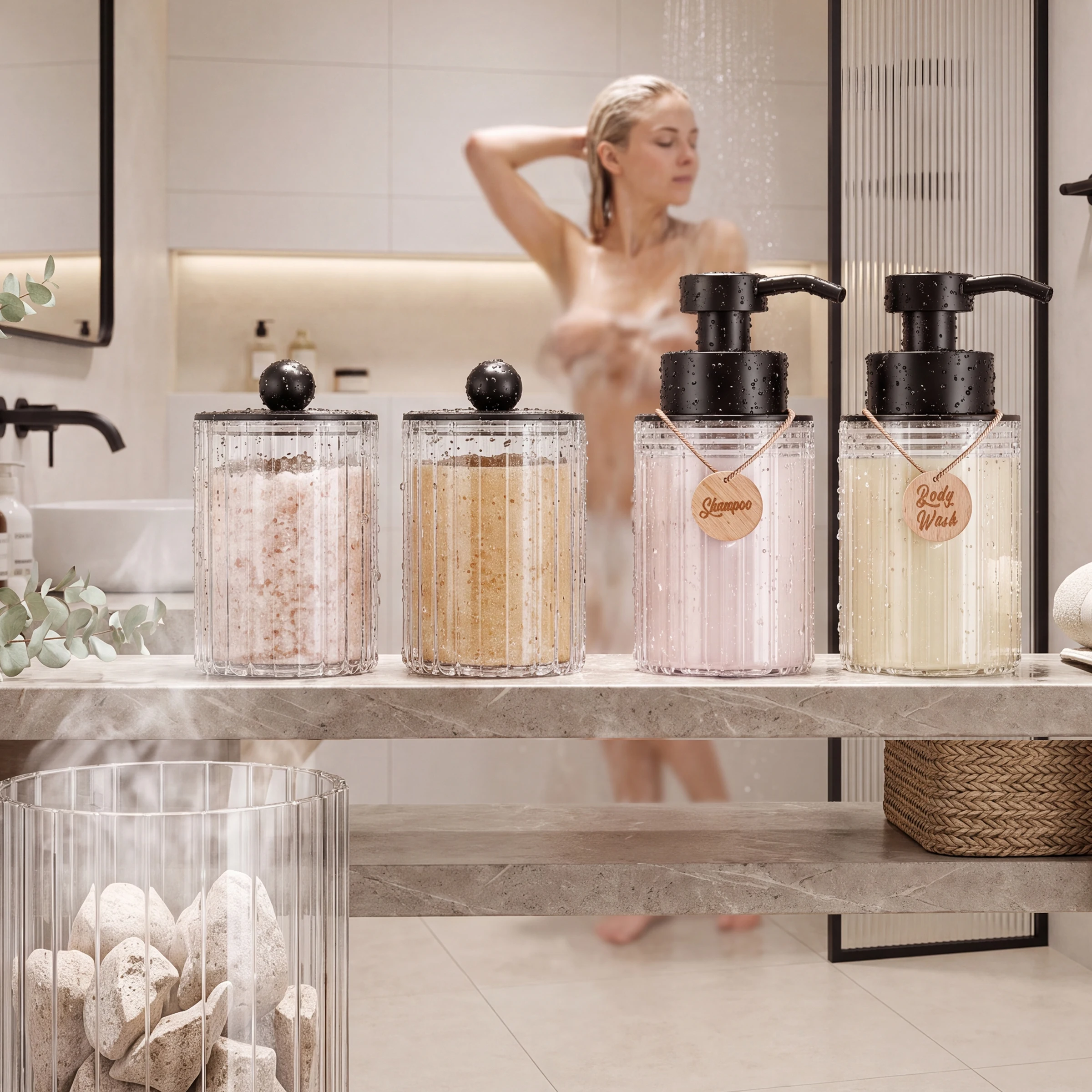 Bathroom Shower Spa Accessories Set, 5-Piece Counter Kit with Soap Dispenser, Jar Container and Holder for Housewarming Gift