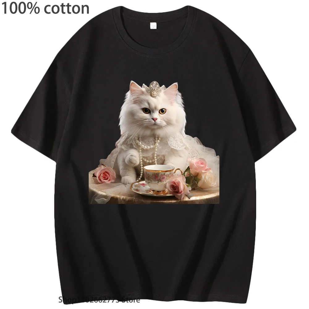 

The Queen Cat with A Crown Is Drinking Coffee T-Shirts 100% Cotton Summer Clothes Women Kawaii Cute Casual Men Y2k Top Kpop Tees