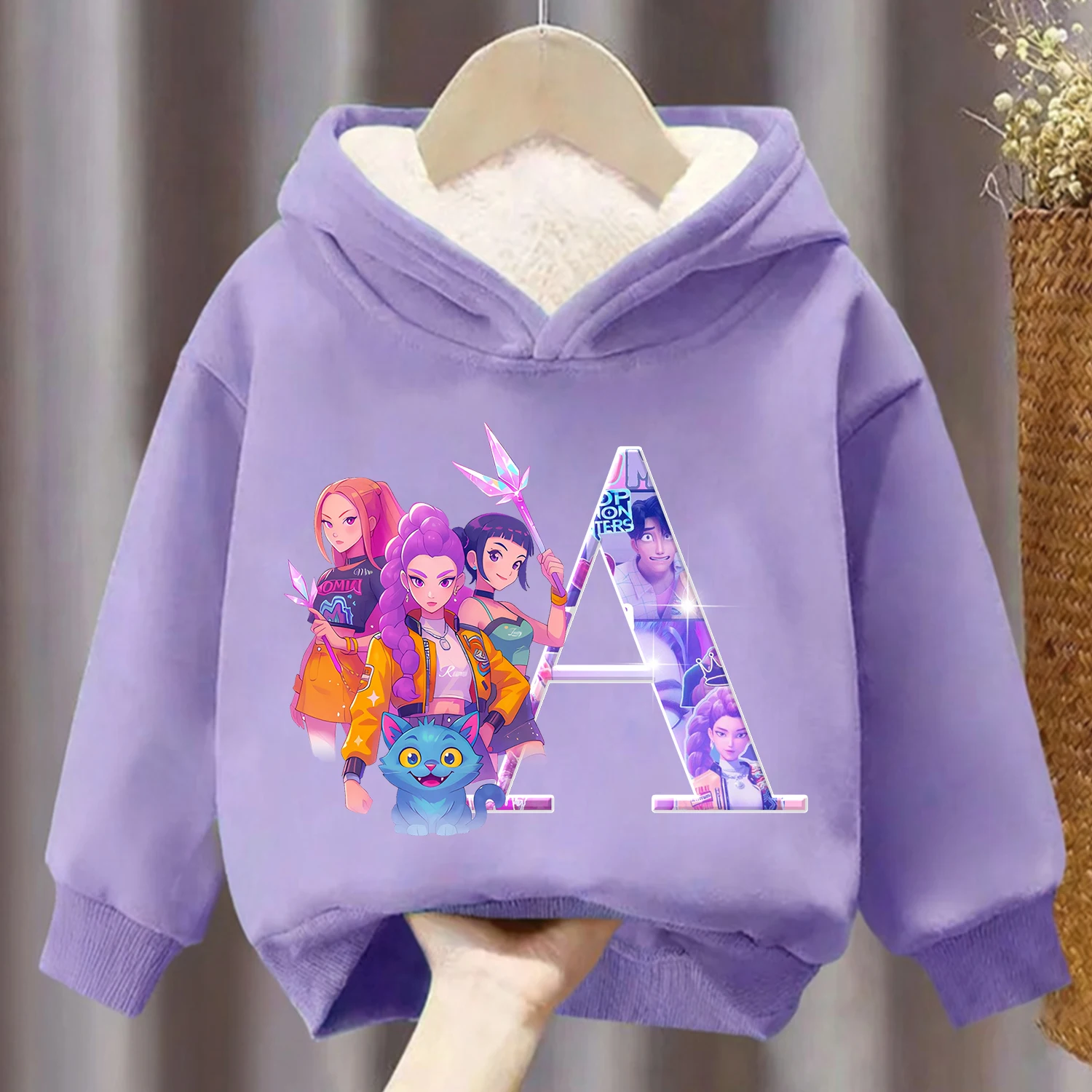 Sudadera con capucha gruesa Kpop Demon Hunters para niños, ropa de dibujos animados, sudadera polar para niña, ropa con capucha cálida de invierno púrpura, regalo para chico