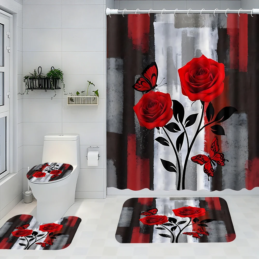 

Flower Bathroom Four-piece Set - Avant-garde waterproof shower curtain, creating a complete bathroom suite