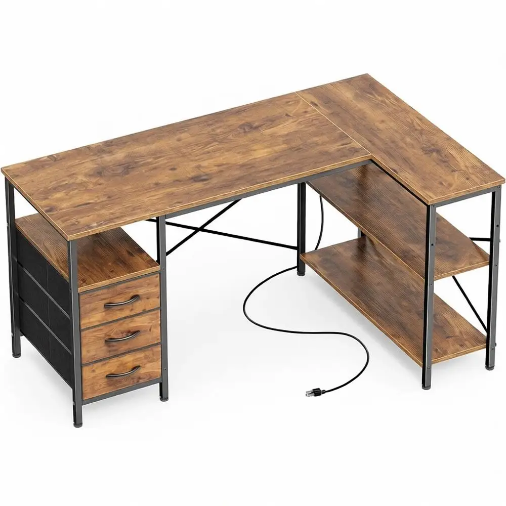 

Rustic Brown 47 L-Shaped Desk with Power Outlets, Storage for Gaming, Work, or Home Office