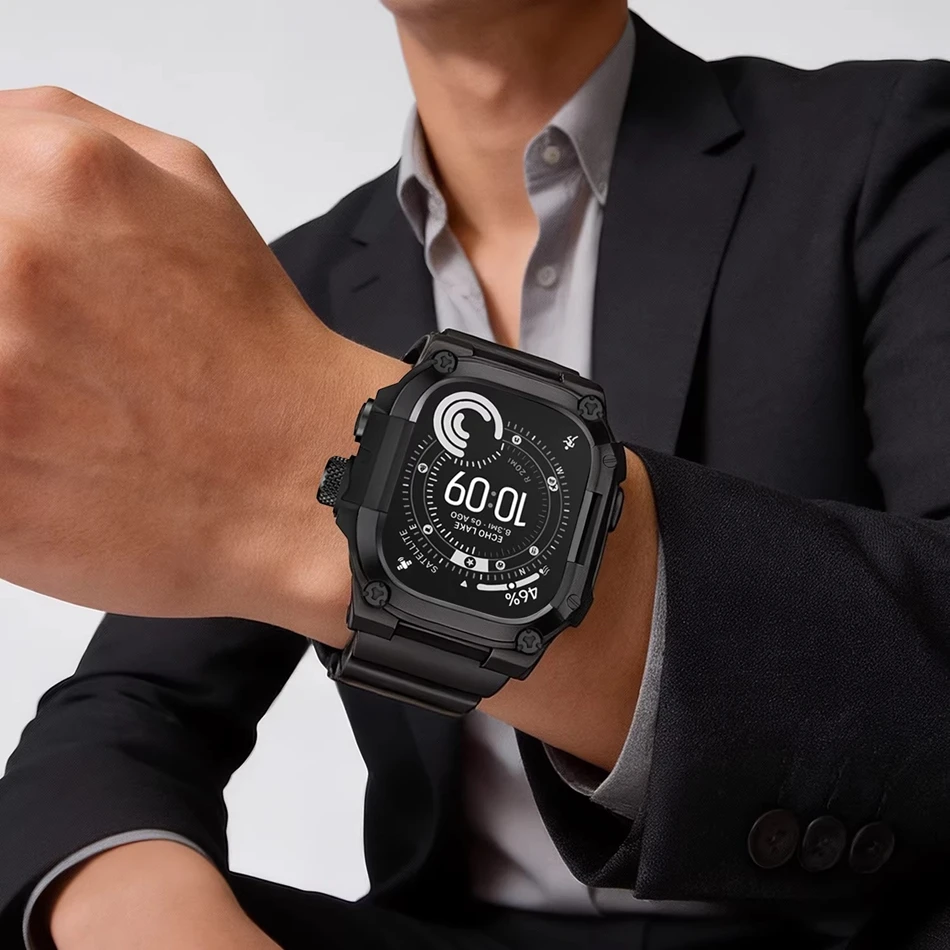 Zestaw: Pasek Premium TPU do Apple Watch Ultra i Metalowe Etui Ochronne iWatch Series Ultra 3 2 1 49mm, Odporny na Upadki, Sportowy Pasek do Zegarka Męskiego — zdjęcie produktu 2
