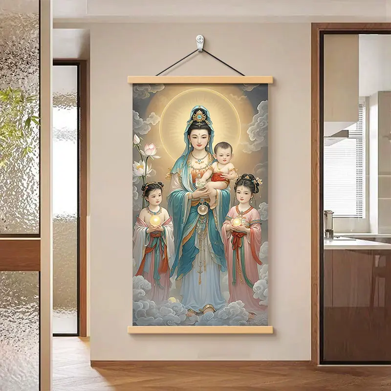 Kawaii Room Decor: Guanyin with Child Wall Art Scroll– Zen Aesthetic Buddhist Poster for Yoga Studio