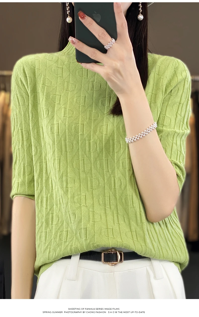 Women New Soft Diamond Letter Design Sweater Half-high Collar Three Quarter Sleeve Pullover Spring Summer Casual Knit Slim Top