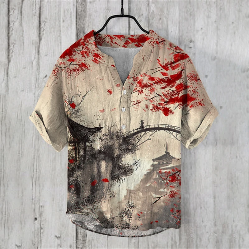 Summer Fashion Retro Men\'s V-Neck Henley Shirt Men\'s Chinese style butterfly ink painting shirt Short Sleeve Casual Tops