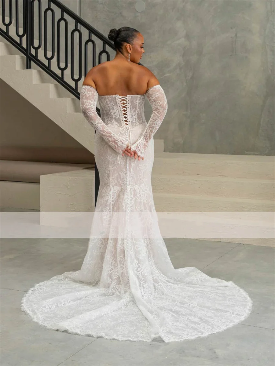 오프숄더 레이스 머메이드 웨딩드레스 긴팔 신부 드레스 여성 스윕 트레인 신부 드레스 베스티도스 데 노비아 맞춤 제작