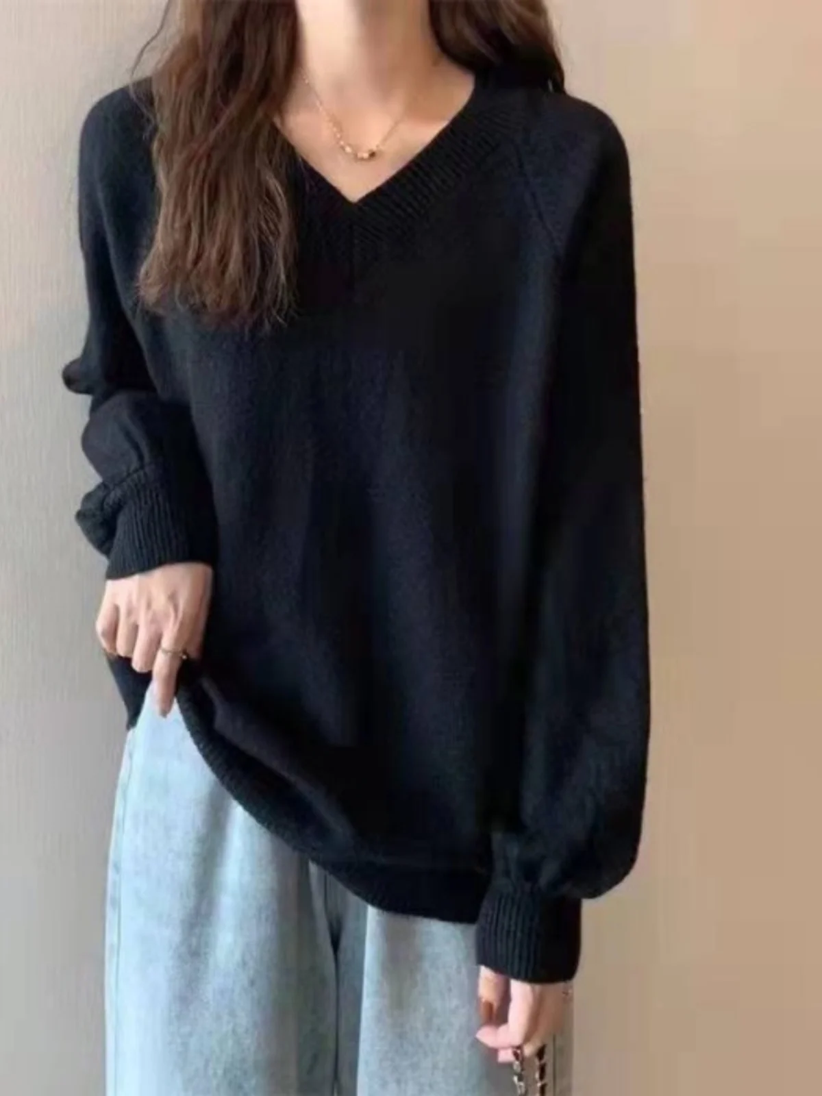 Chic V-Ne Pullover Knitwear Bubble Sve Loose Women's Sweater Spring Autumn New Sle Comfortable Pure Color Outerwear