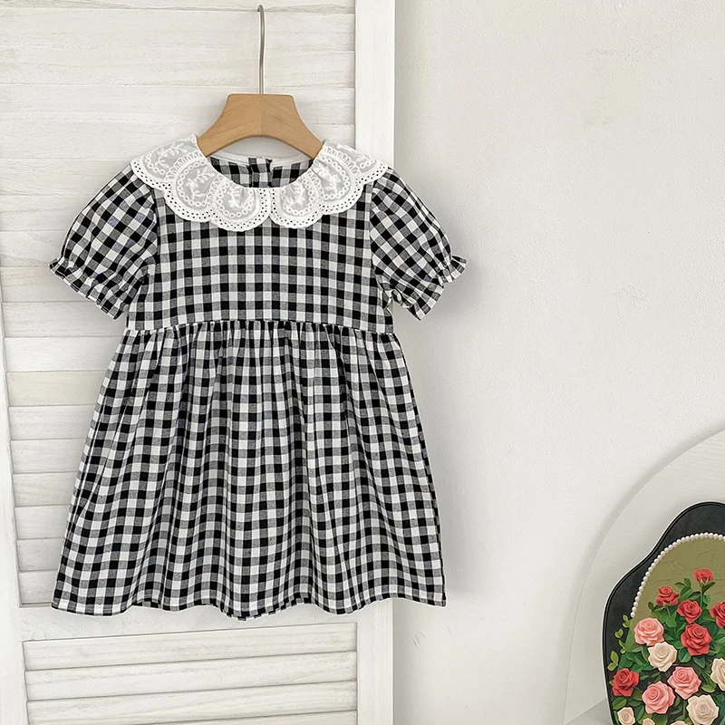2023 Baby Sommer Kleidung Säuglings Neugeborenes Baby Mädchen Schwarz Plaid Blütenblatt Kragen Prinzessin Kleid Bankett Party Kariert Etuikleid