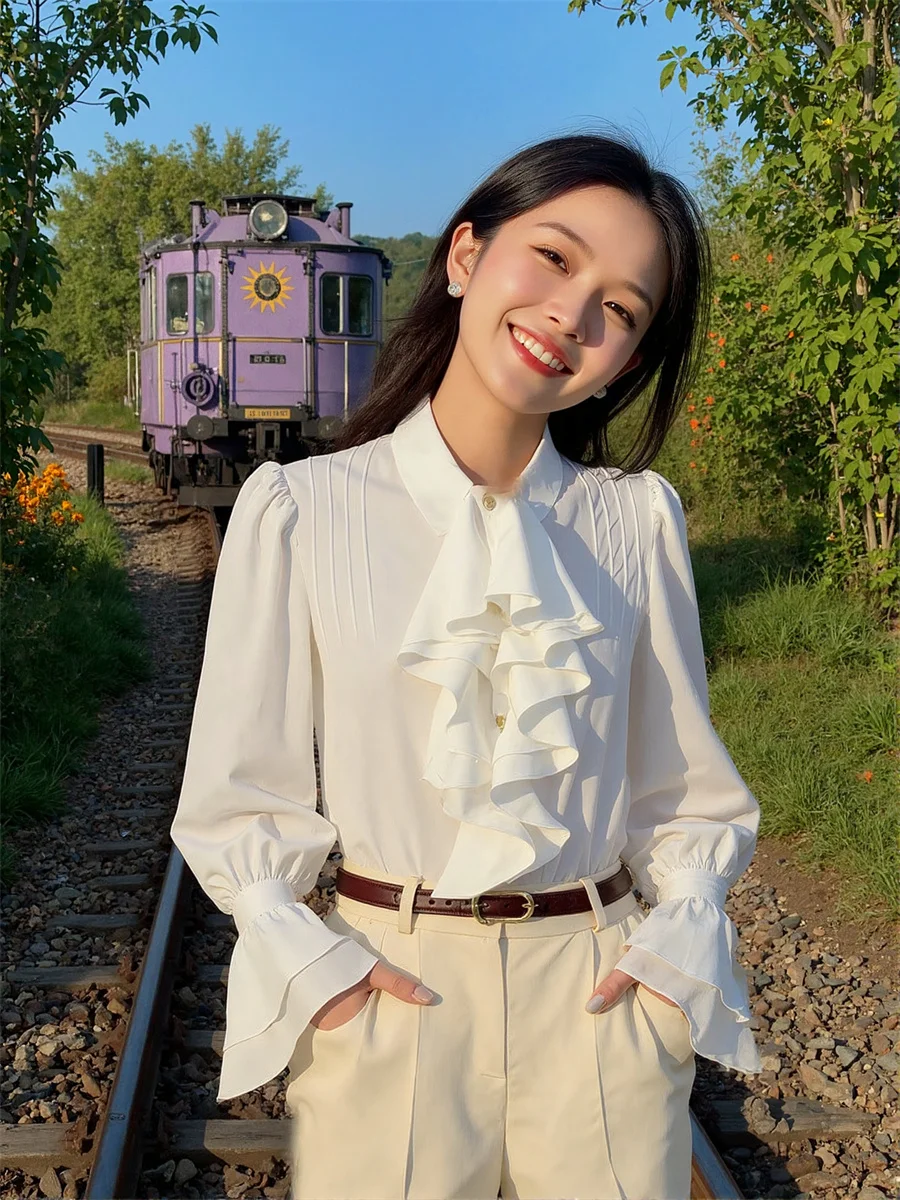 Koszule w stylu francuskim z falbankami, japońskie bluzki, świąteczne ubrania damskie, jesienne siateczkowe bluzki dla dziewcząt, designerskie, eleganckie, na weekend, szykowne.