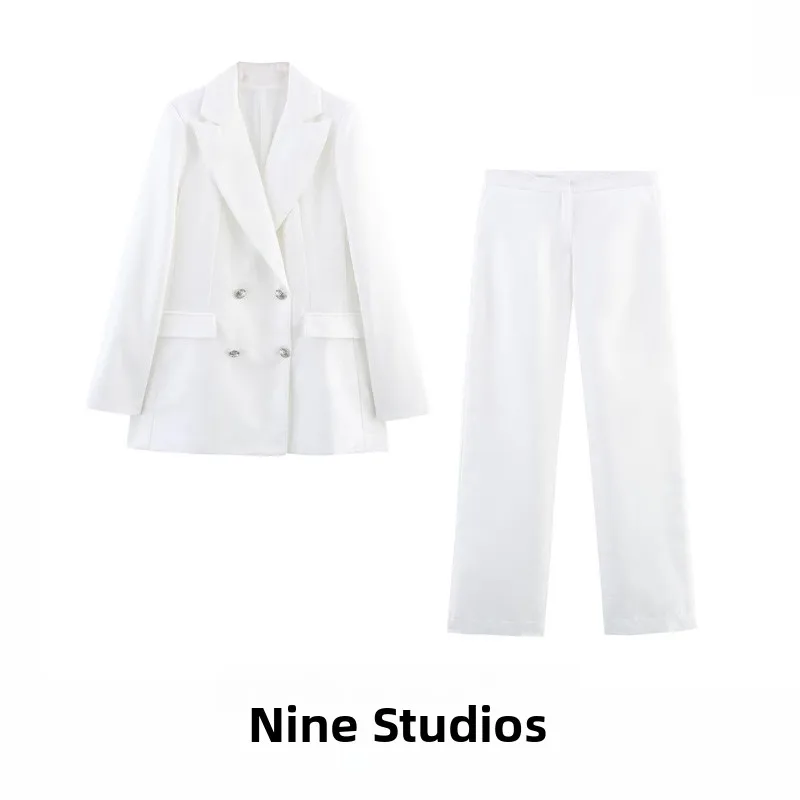 

NINE ZA Women's Faion Suit Set with Double Breasted Jaet And Long Pants Embroidered Design Spring 2025 Long Sve Button up