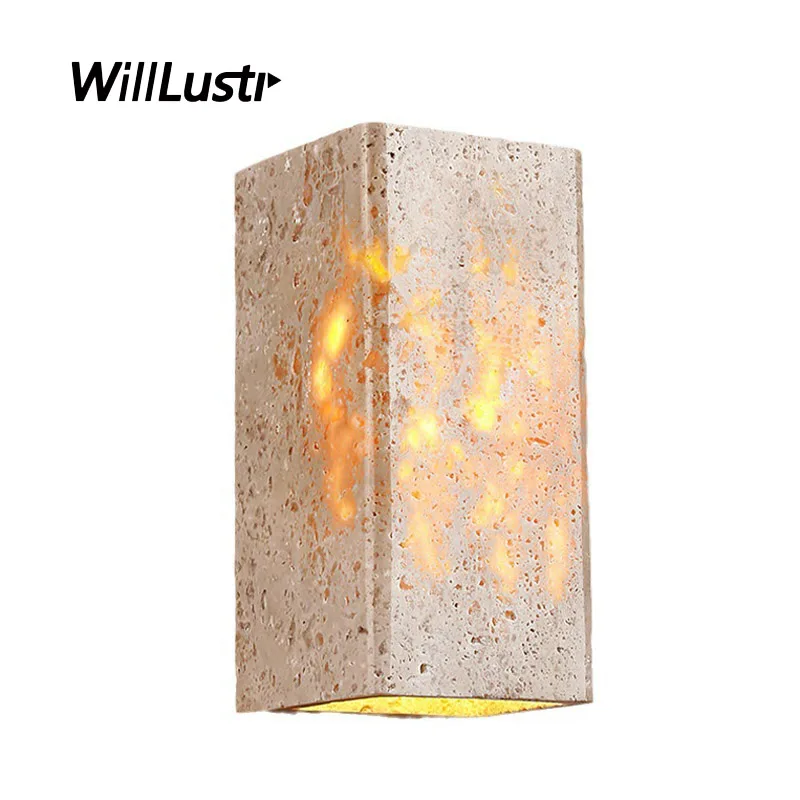 

Yellow Travertine Wall Lamp Marble Sconce Courtyard Villa Garden Balcony Homestay Cube Cuboid Outdoor Waterproof Stone Lighting