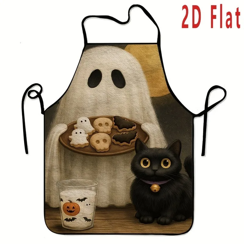 1pc Halloween and Black Cat Pattern Apron - 2D Flat Print, Household Kitchenware, Washable and Reusable, Perfect for Cooking
