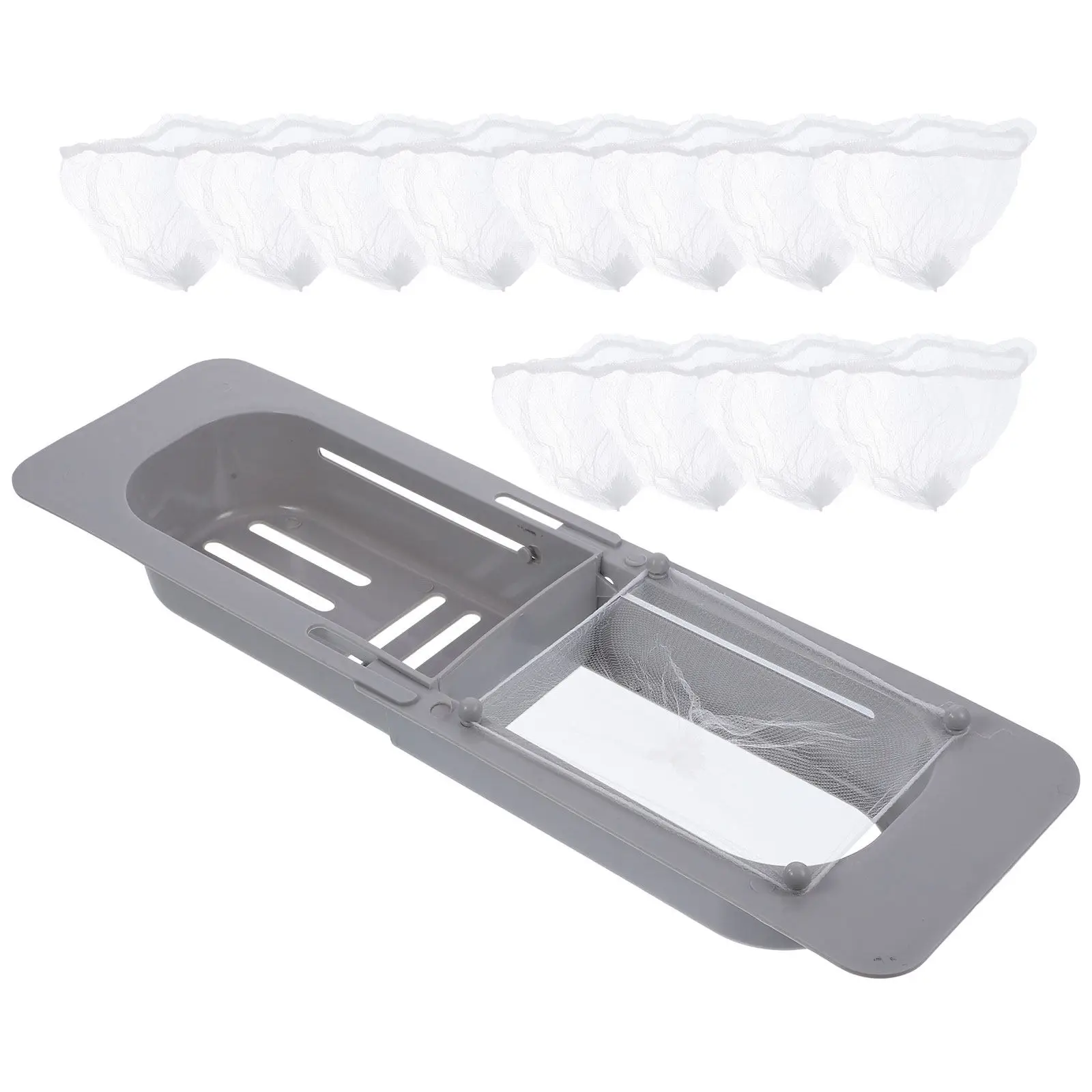 

1Set Adjustable Sink Drying Rack Kitchen Sink Organizer with Food Strainer Net Expandable Drain Tray Sponge Soap Holder Gray