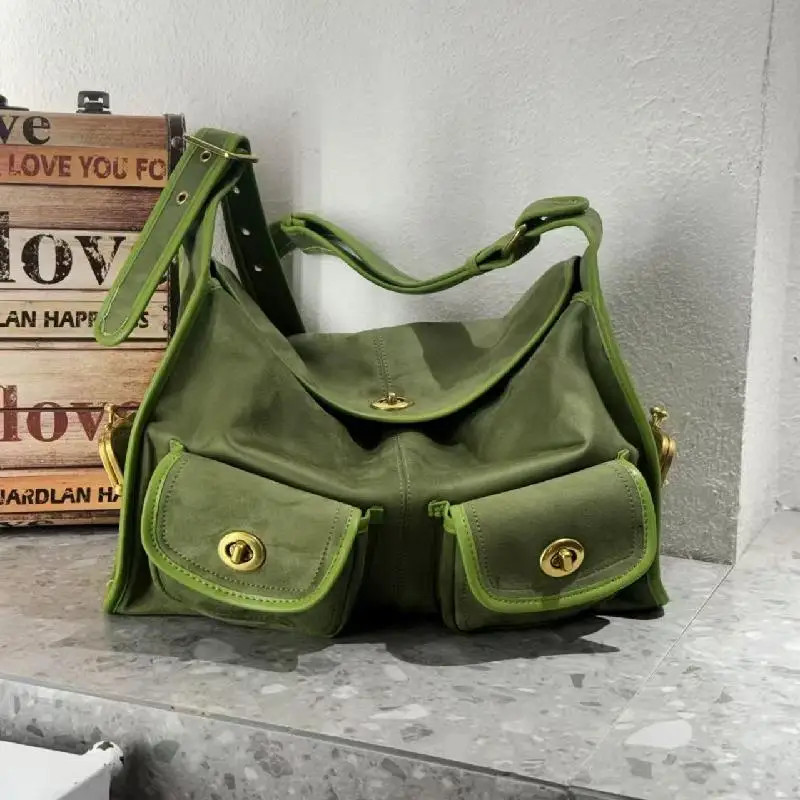

Vintage Women's Suede Shoulder Bag Creative Double Pocket Underarm Bag Large Capacity Commuter Bag Retro Adjustable Handbags