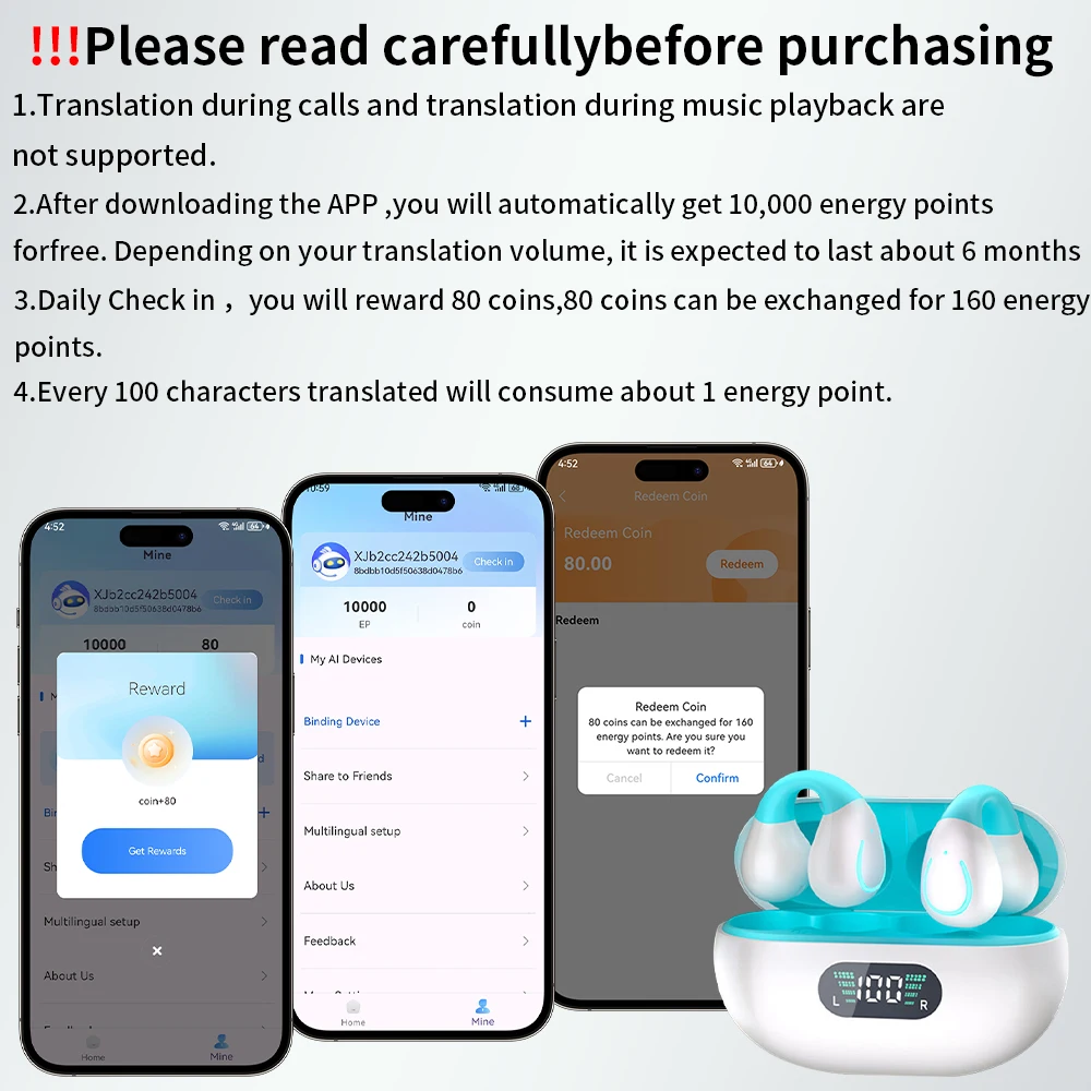 سماعات أذن مترجم من GREATWALL AI بدون ألم، سماعة بلوتوث لاسلكية مع ترجمة في الوقت الحقيقي في 144 لغة