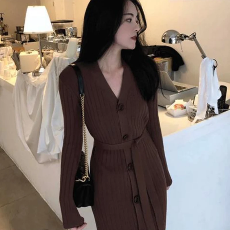 

V-Neck Single Breasted Knitted Dresses Slim Belt Waist Sexy Dresses 2023 Autumn Solid Color Long Sleeved Casual Sweater Dresses