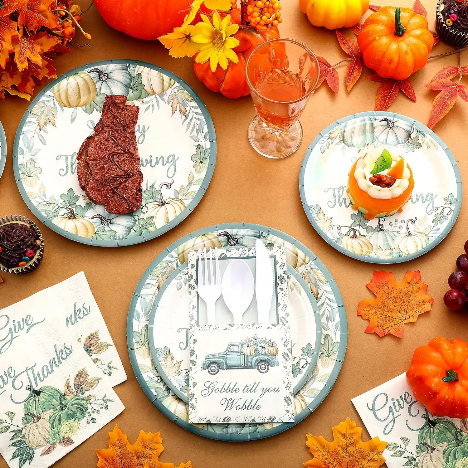 264 Pcs Thanksgiving Plates Napkins Disposable Cutlery Holder Set Thanksgiving Centerpieces For Table Decoration Dinner Autumn