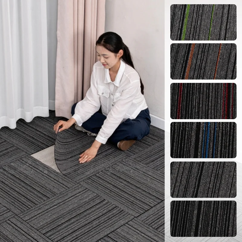 10pcs Self‑Adhesive Striped Patchwork Carpet Tiles Wear Resistant Floor Squares Rug Door Mat for Office Home Hallway Decoration