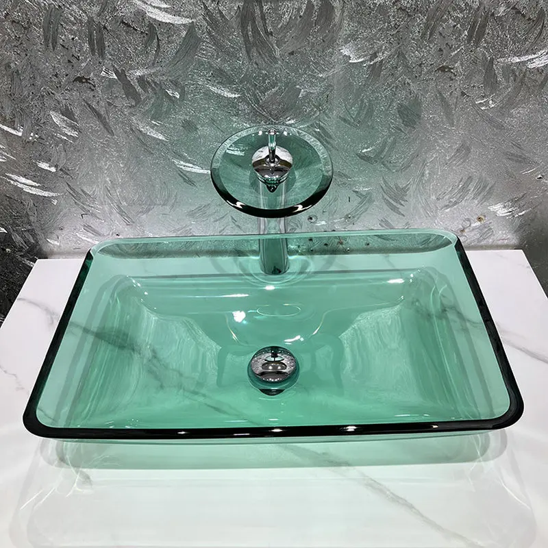 Simple household tempered glass countertop basin, transparent artistic washbasin, homestay light green square washbasin GN966AY