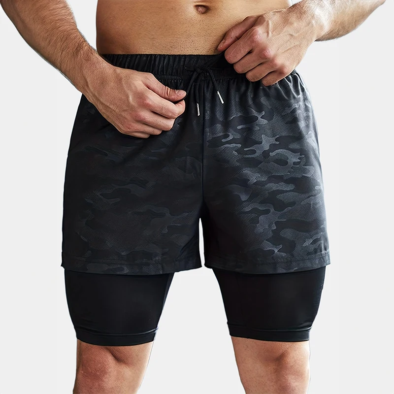 Shorts de corrida casual solto de secagem rápida masculino, esportes ao ar livre, jogging, treino, ginásio, verão, fitness fashion, 2 em 1