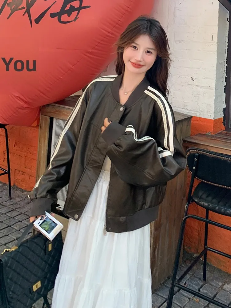 

Trendy Brown PU Leather Splice Baseball Jaet Women's Spring Autumn New Sle Elegance Anti-Aging ort Outerwear