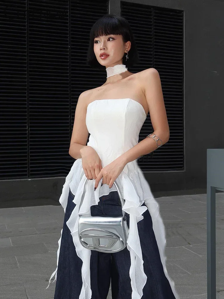 夏セクシーなオフショルダーレース女性クロップトップ 2023 カジュアルストラップレスホルターストリートウェアファッションクラブパーティーレディタンクトップ