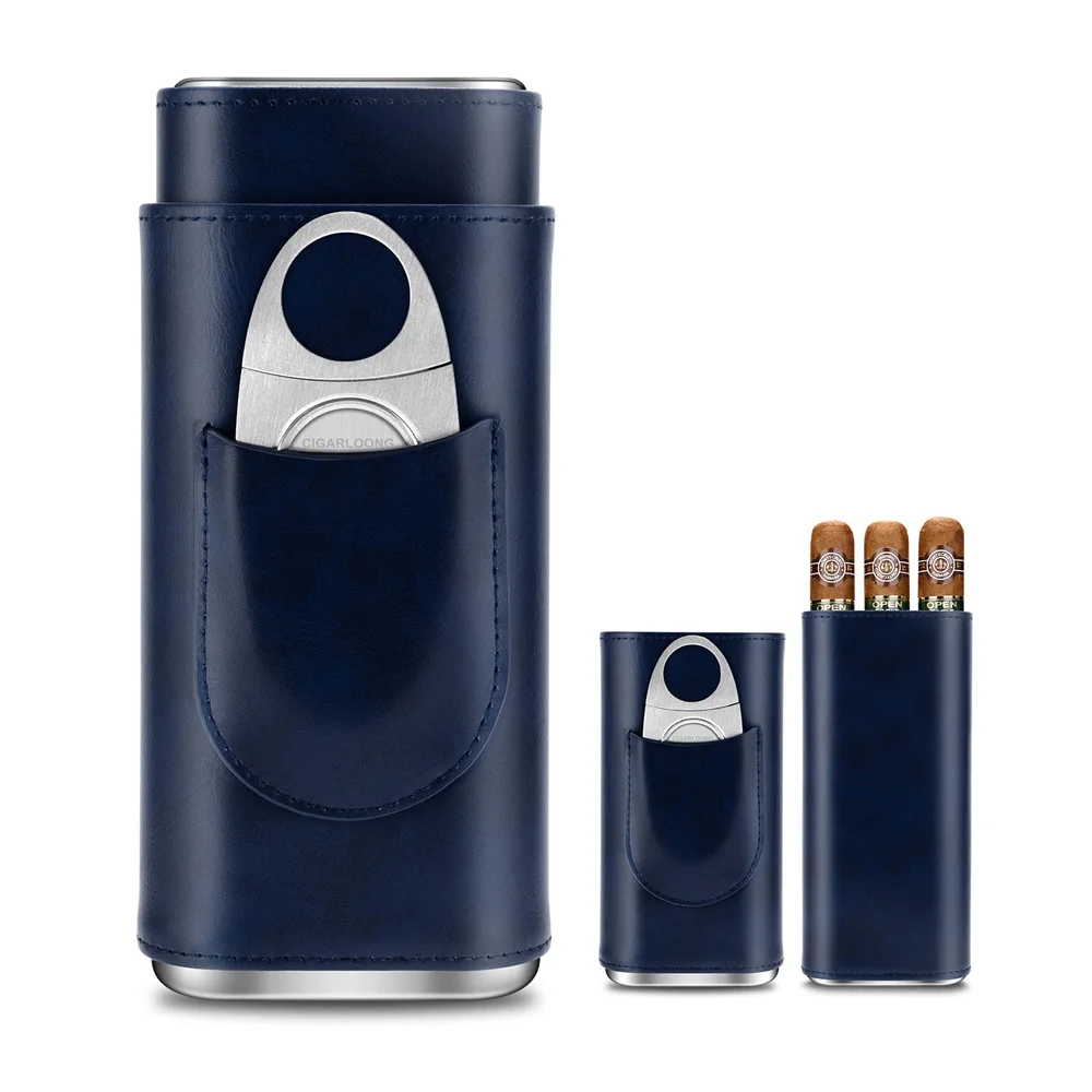 3-pack Cigar Case Portable Leather Holder Box Storage with Stainless Steel Sharp Cigar Cutter Luxury Smoking Accessories CH-24FA