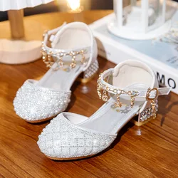 New Girls Princess Sandals Soft Soles Children's White Pearl Dress Flower Dance Party Shoes Runway Show Crystal Kids High Heels